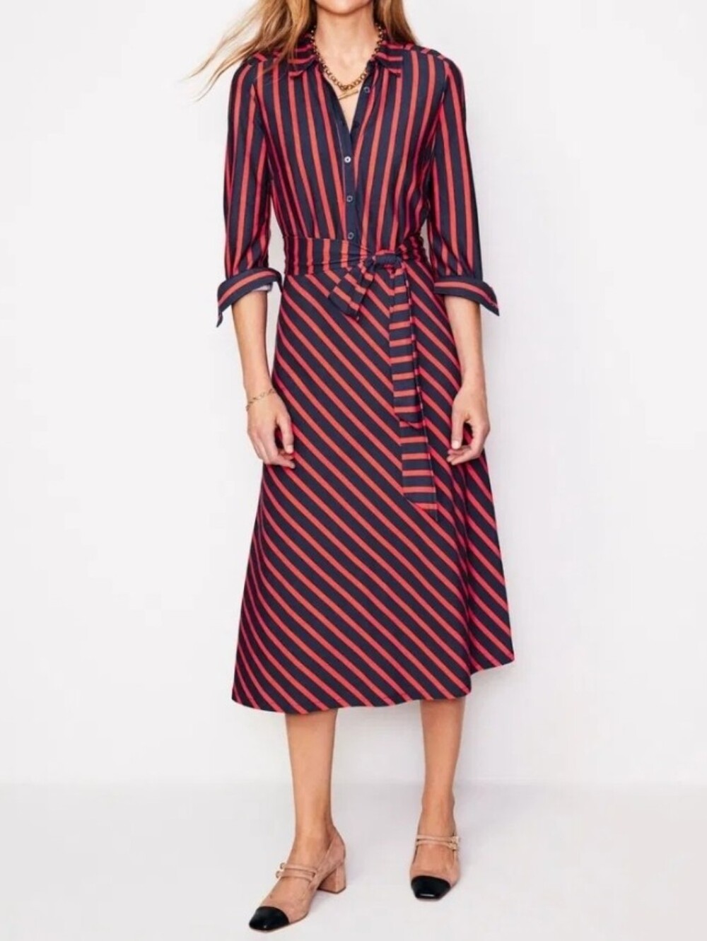 NWT Boden Striped Shirt Midi Dress - Red & Navy Size 6